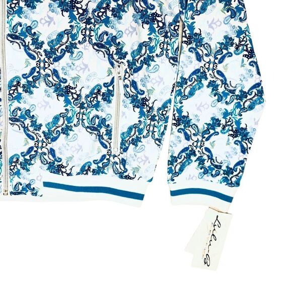 NEW Lulu-B UPF 50 Blue White Geometric Parsley Print Smooth Full Zip Jacket - Picture 5 of 13